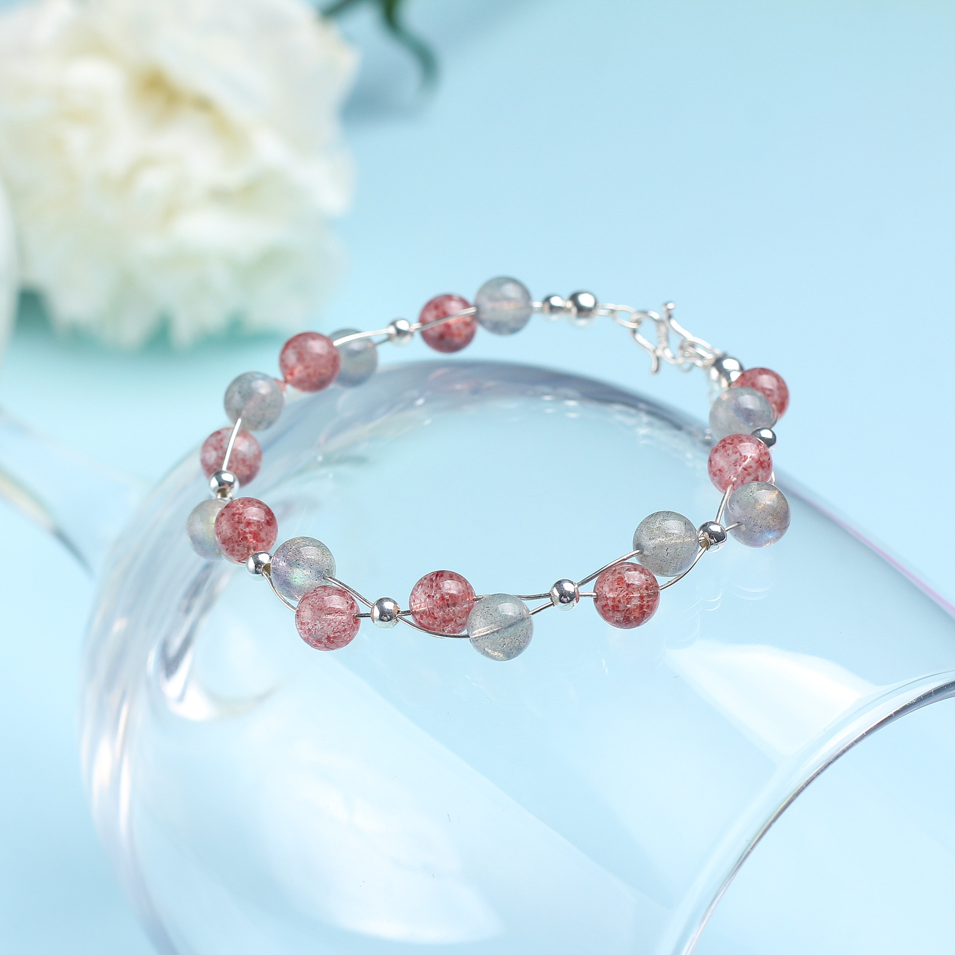Young spirit Crystal Bracelet Gray moonlight+strawberry Interweave Hand string 925 Silver thread jewelry female Factory wholesale