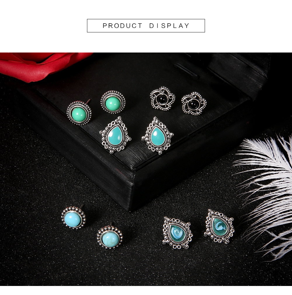 New 5 Pairs Set Earrings European And American Fashion Retro Dazzling Turquoise Gem Earrings Set display picture 6