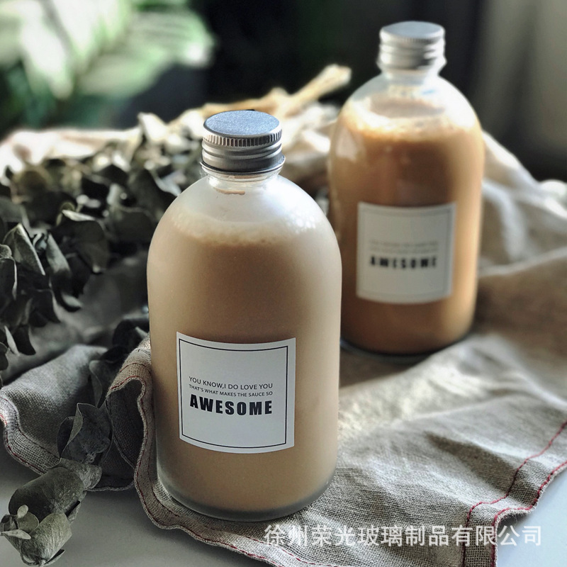 创意蒙砂饮料瓶创意果酒果汁瓶 玻璃外卖打包瓶铝盖 冷萃咖啡瓶