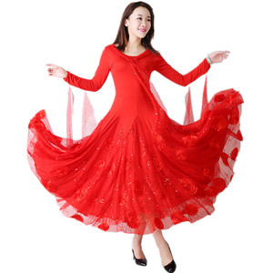 Women Girls red flowy Ballroom Waltz Dancing Dresses Tango Foxtrot Smooth Rhythm dance long Dance Skirts full-skirted dress waltz dance long-sleeved dress