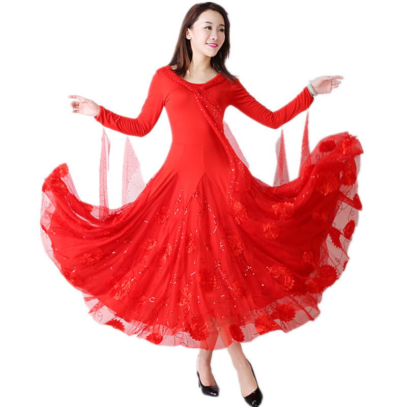 Women Girls red flowy Ballroom Waltz Dancing Dresses Tango Foxtrot Smooth  Rhythm dance long Dance Skirts
