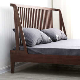 厂家直销实木床简约现代胡桃木双人床1.51.8米实木床中式卧室家具