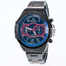 商务男士钢带石英手表时尚合金不锈钢大表盘非机械幻蓝玻璃腕表