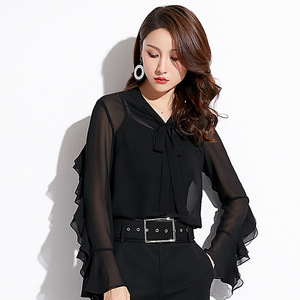 Spring Butterfly Tie with Lotus Edge Pullover Chiffon Shirt