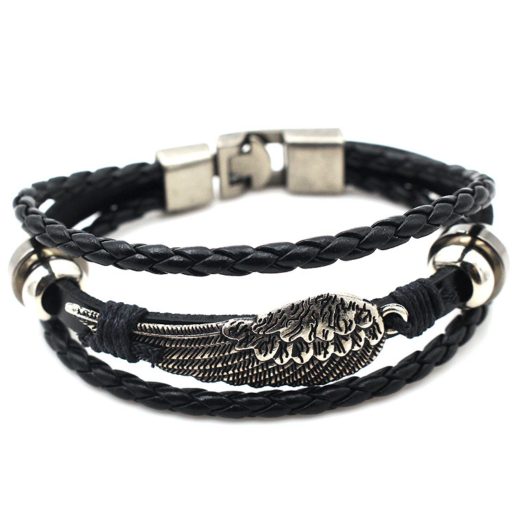 PF05 factory supply foreign trade Europe and the United States retro men's leather bracelet angel wings metal buckle leather strap