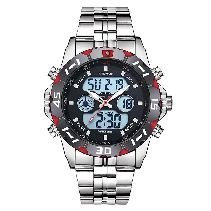 Stryve hombres de moda doble movimiento impermeable reloj de cuarzo electrónico sincronización alarma reloj de pulsera de acero inoxidable s8011