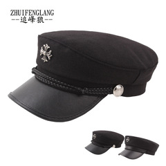 Navy Hat Women's Korean Style Fashion Wool Felt Sailor Hat Men's Flat Top Student Cap Cross PU Brim Captain Hat