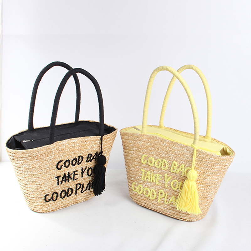 new pattern Japan and South Korea Alphabet Straw bag Embroidery portable Sandy beach Banding zipper Woven bag