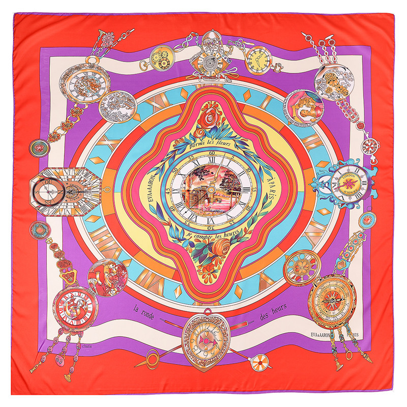 New Fashion Silk Scarf Twill Imitation Silk 130cm Big Square Scarf Roman Clock Printing Shawl Scarf display picture 1