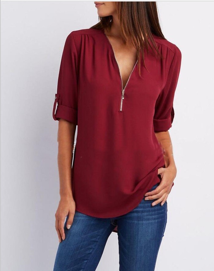 V-neck Zipper Plus Size Women's Long-sleeved Loose Chiffon Shirt