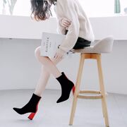 欧美粗跟靴子女秋冬新款高跟短靴休闲拉链显瘦绒面纯色短筒马丁靴