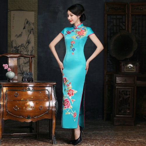 fuchsia turquoise flowers chinese dresses retro cheongsam qipao dress etiquette performance during long Chinese Qipao