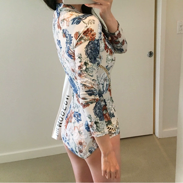 Лонгслив с молнией, купальник, солнечная защита, цветочный принт, slim fit