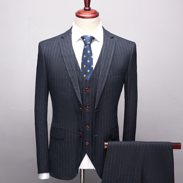 Business casual suit vertical stripe wool slim business suit three piece wedding dress