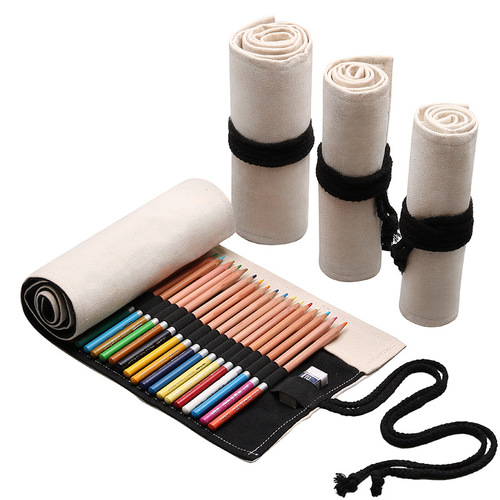 Solid color handmade canvas colored pencil curtain, special storage bag for sketching and painting, large capacity pencil bag for boys and girls