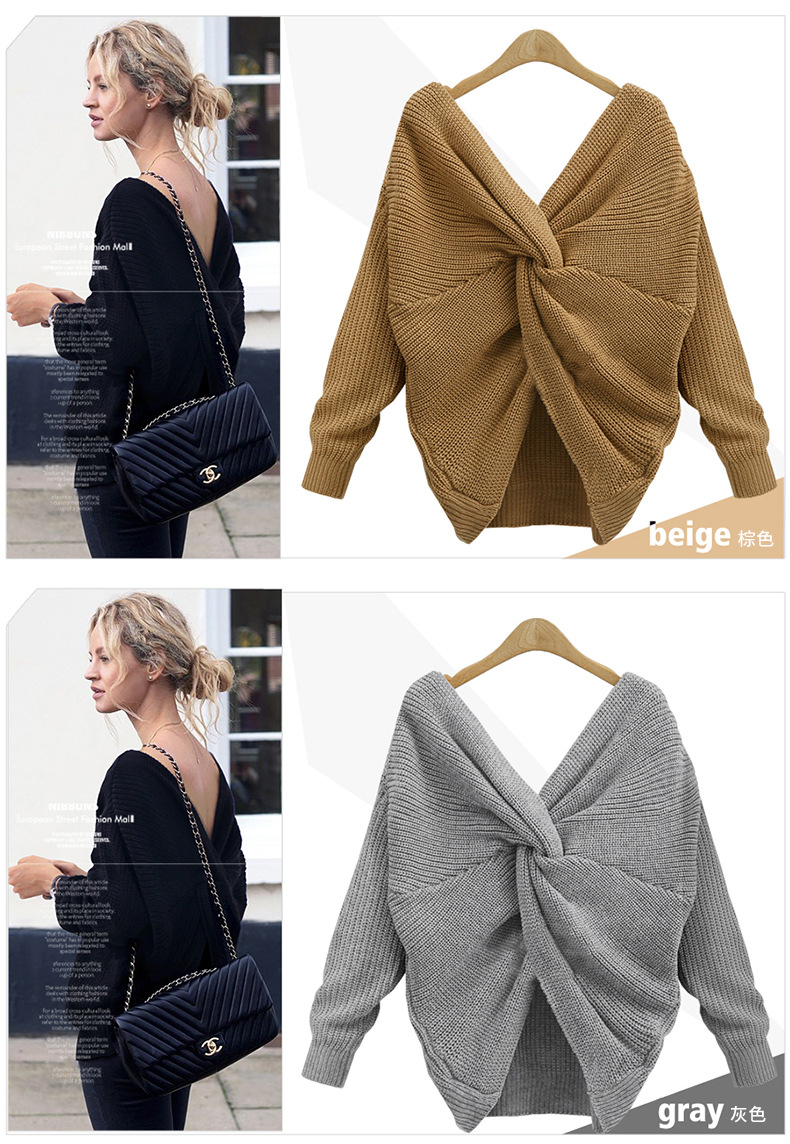 V-Neck Open Back Irregular Cross-Knot Pullover Sweater NSSX89370