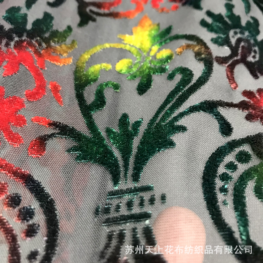 丝绒烂花绡真丝印染乔其绒65111丝绒反雕烂花连衣裙面料幻彩花卉-阿里巴巴