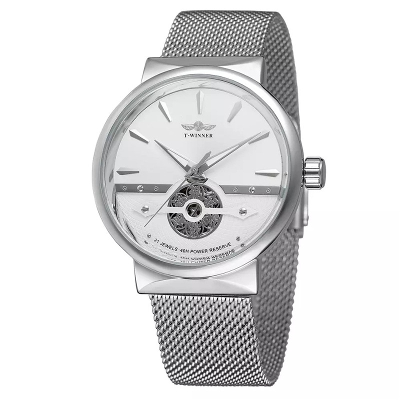 Winner-162G hombres de negocios reloj mecánico automático casual correa de acero máquina transparente inferior reloj mecánico