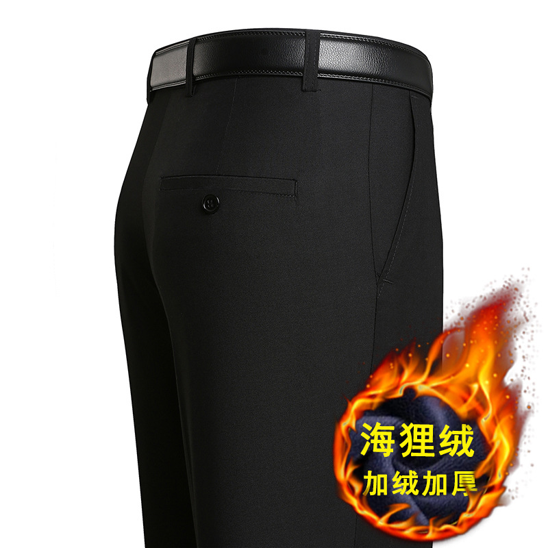 Pantalones de traje forrados de lana para hombres de otoño pantalones de traje gruesos sueltos de cintura alta de negocios rectos pantalones de traje formal de mediana edad para hombres image 12