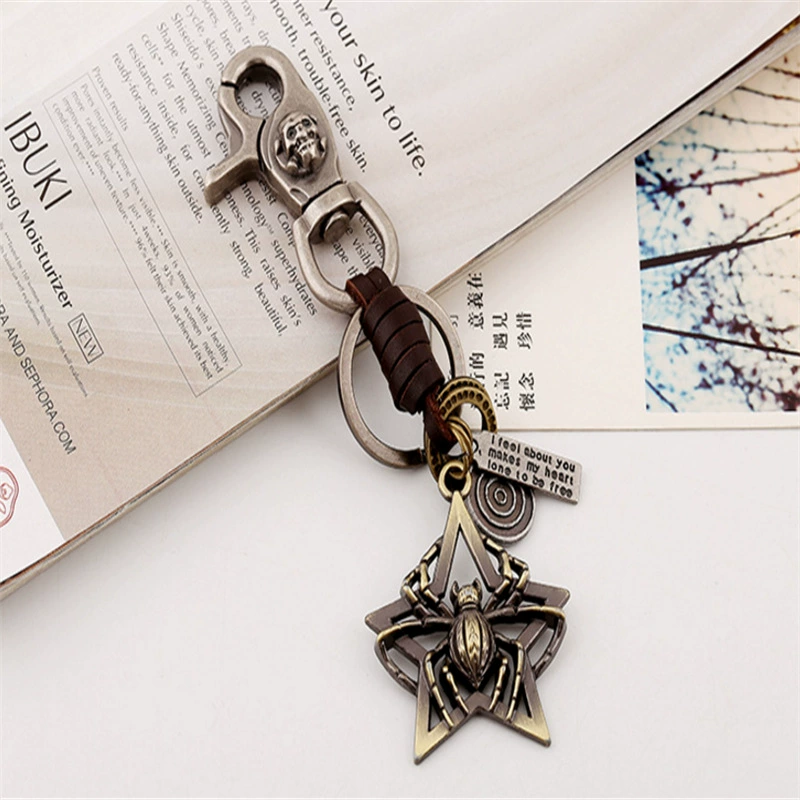 Metal accessory, retro woven leather keychain, European style, punk style, genuine leather