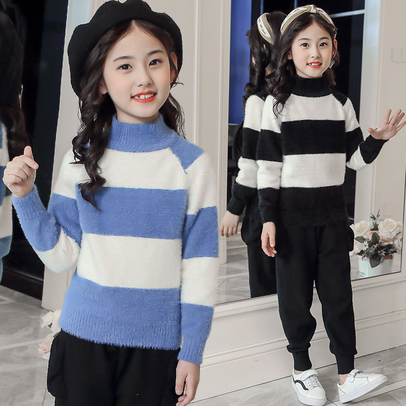 条纹女童毛衣2018秋冬新款中大童针织打底衫仿水貂绒长袖套头宽松|ms