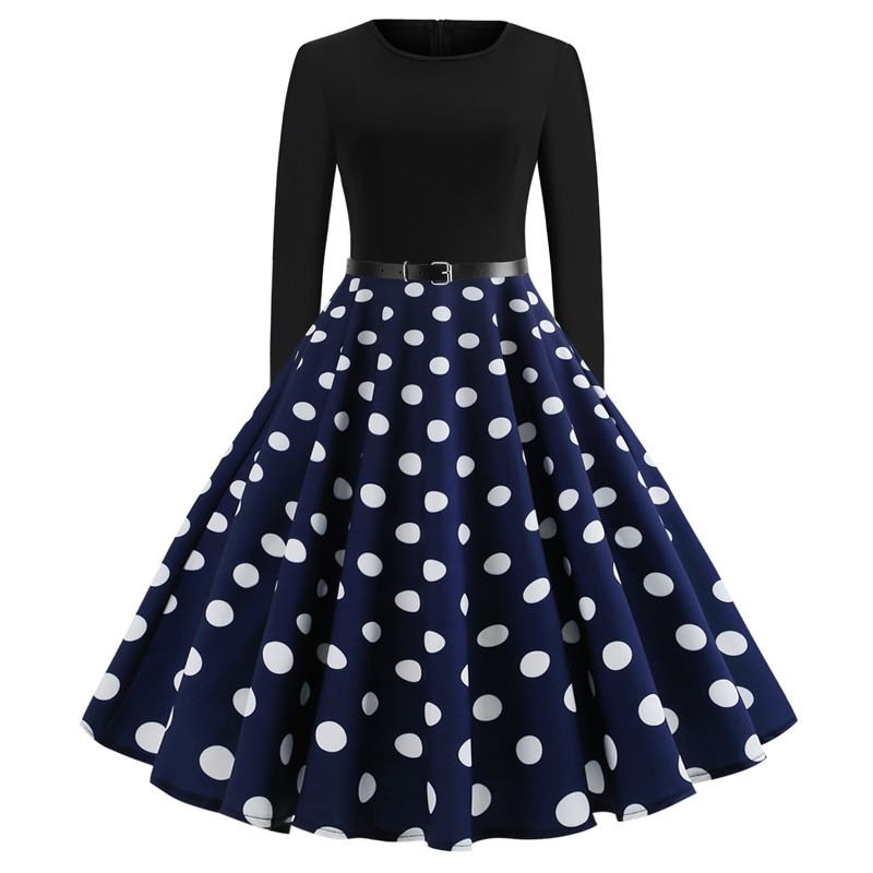Factory supply a large number of spot hot new women's vintage round neck printing long sleeve large swing dress spot