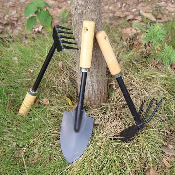 Wholesale wooden handle three-piece planting tools suit shovel hoe rake flower cultivation potted gardening garden tools