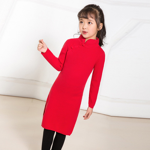 New Year's greetings suit children's women's knitted sweater seven-quarter sleeve children's sweater cheongsam dress long style parent-child clothing mother and daughter 