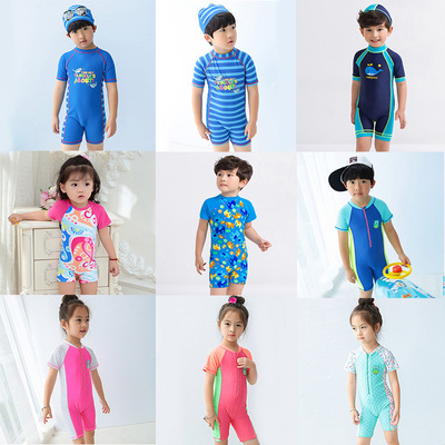 兒童沖浪服泳衣中大童可愛男女孩拉鏈連體泳裝帶帽兩件套泳裝組合