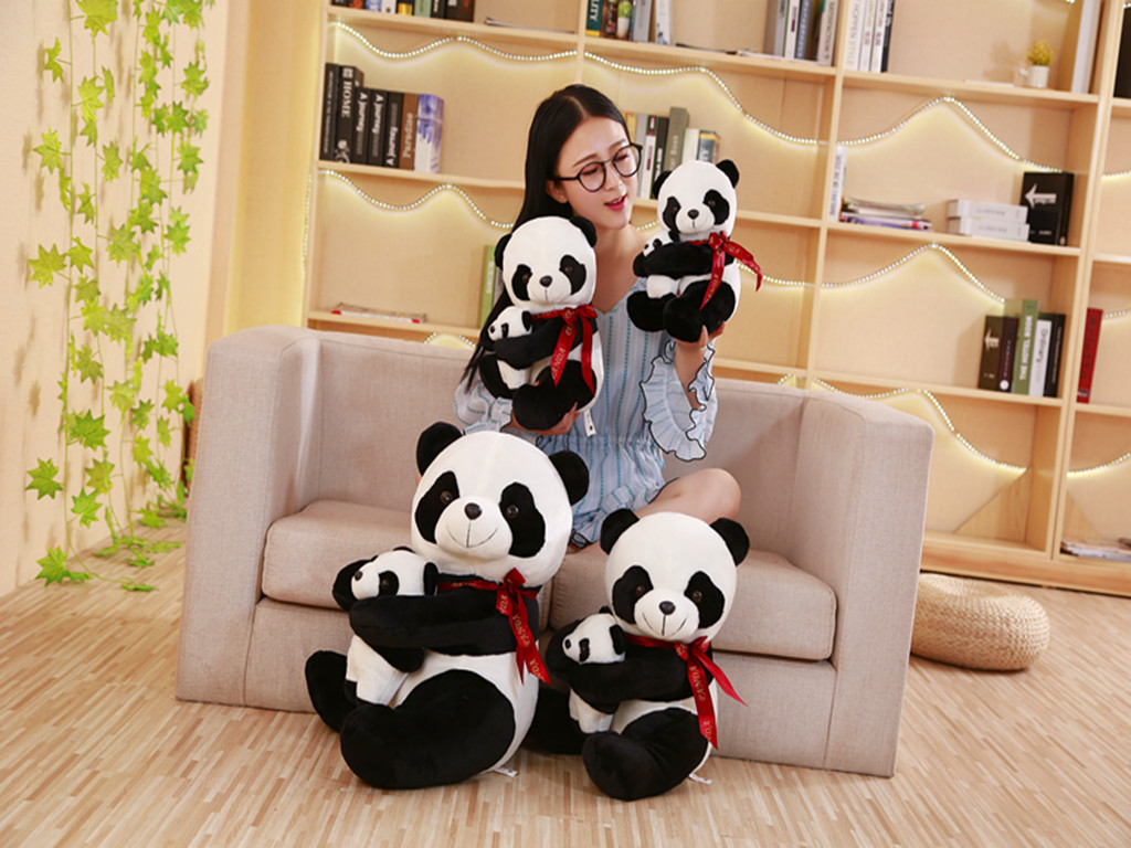 毛绒玩具熊猫公仔,仿真熊猫,丝带亲子熊猫