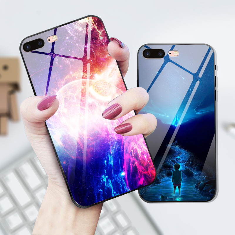 适用苹果x玻璃手机壳iphonexs max星空玻璃壳iphone7 8彩绘玻璃壳