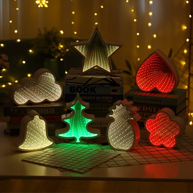 3D туннель LED ночник, декоративная лампа с зеркальным эффектом, USB батарея, формы звезда/сердце/дерево