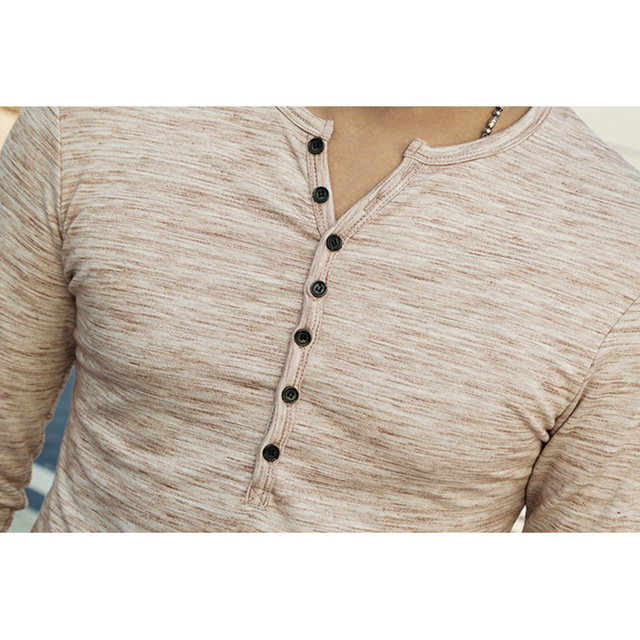 Autumn and winter new fashion open placket bamboo knot silk men’s base coat Long Sleeve slim fit T-shirt popular men