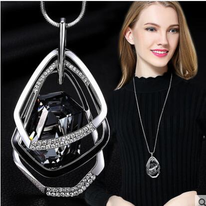 新款日韩风梯形几何毛衣链 切面水晶长款项链饰品女挂件配饰批发|ru