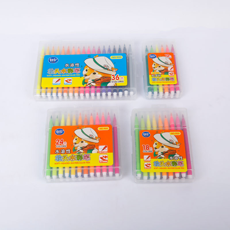 现货批发学生水溶性软头水彩笔荧光笔12色18色24色盒装彩笔绘画笔|ru