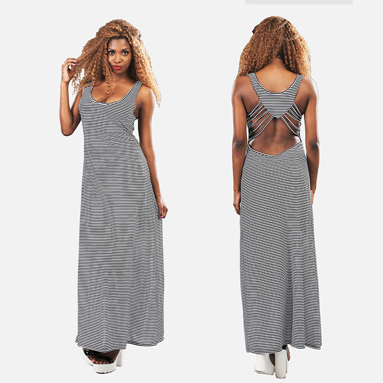 Sexy Striped Backless Dress Sleeveless Long Silhouette Unique Design Perfect for Summer Parties Wholesale Available