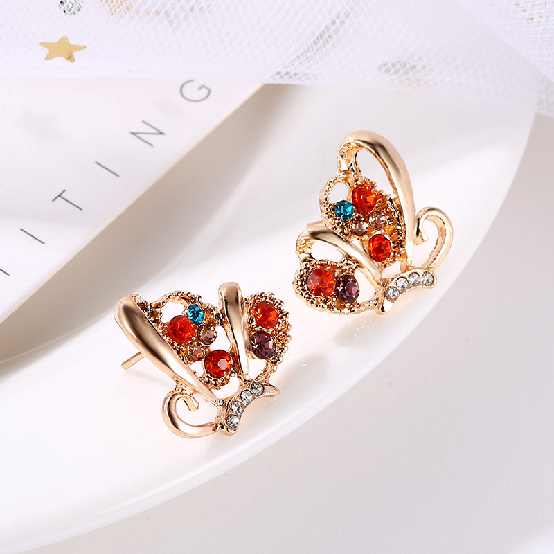 New Fashion Inlaid Colorful Diamond Butterfly Earrings Full Of Diamond Hollow Butterfly Earrings Wholesale Nihaojewelry display picture 3