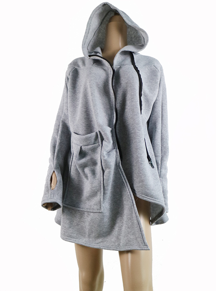 Mid Length Irregular Hooded Zipper Sweatshirt Coat Fleece Lined Multiple Colors Casual Style Wholesale Available