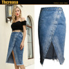 Unedged split pack hip denim irregular tassel high waist skirt  