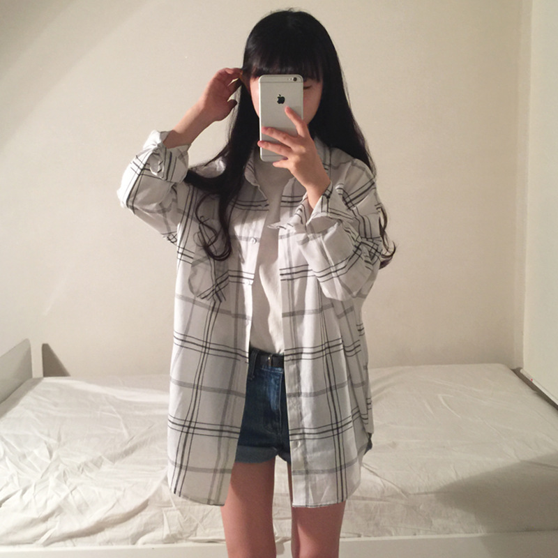 2021 spring new thin outer plaid cardigan student long-sleeved shirt women