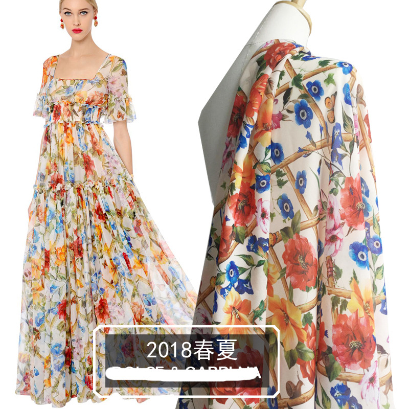 欧美大牌同款花型 D家2018春夏雪纺 花朵与篱笆图案数码印花布