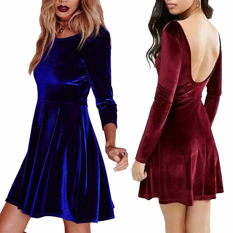 2021跨境 春欧美性感女装露背金丝绒长袖连衣裙批发FC212