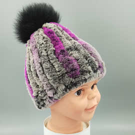 新款冬季加厚保暖獭兔毛儿童皮草编织帽子男女宝宝卡通毛球保暖帽