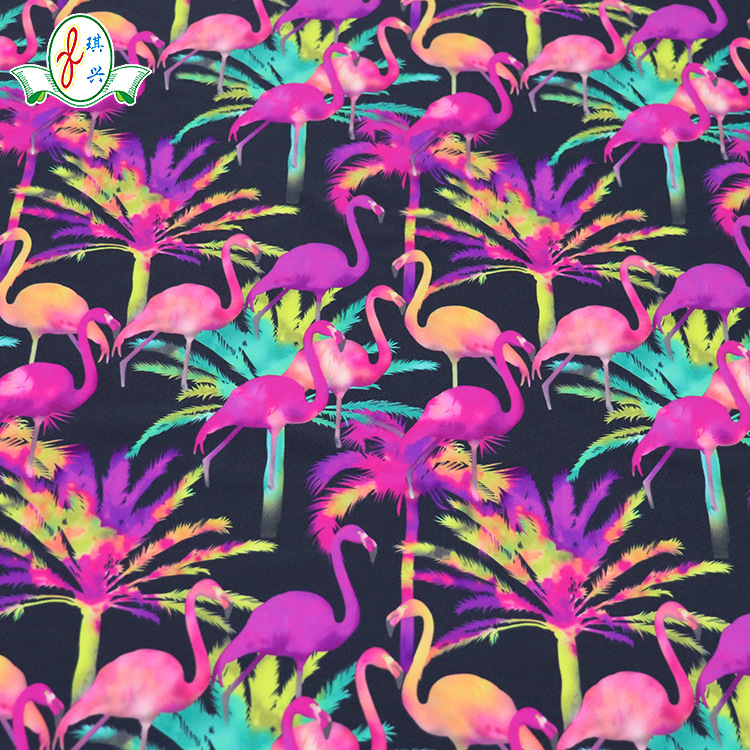 广东厂货时尚个性火烈鸟椰树数码印花锦氨针织弹力泳衣面料