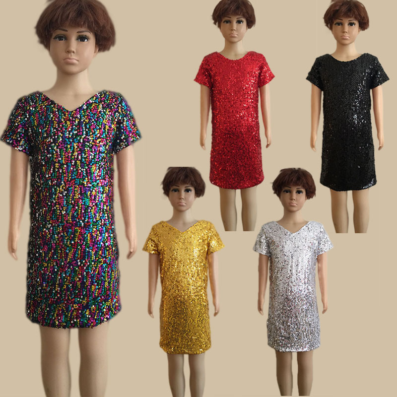 舞台装彩色亮片儿童小学幼儿园演出服表演短袖连衣裙女娃公主裙|ms