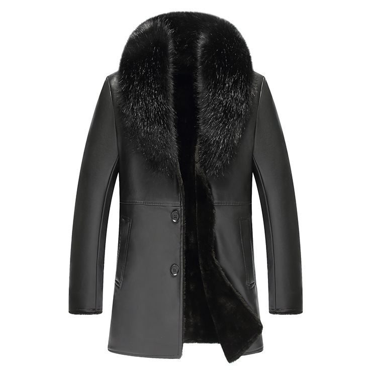 2020冬款中老年风衣绅士皮毛一体长款毛绒领加绒PU皮夹克外套
