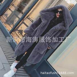 仿皮草外套仿獭兔毛长款连帽大衣秋冬款女装皮草外套