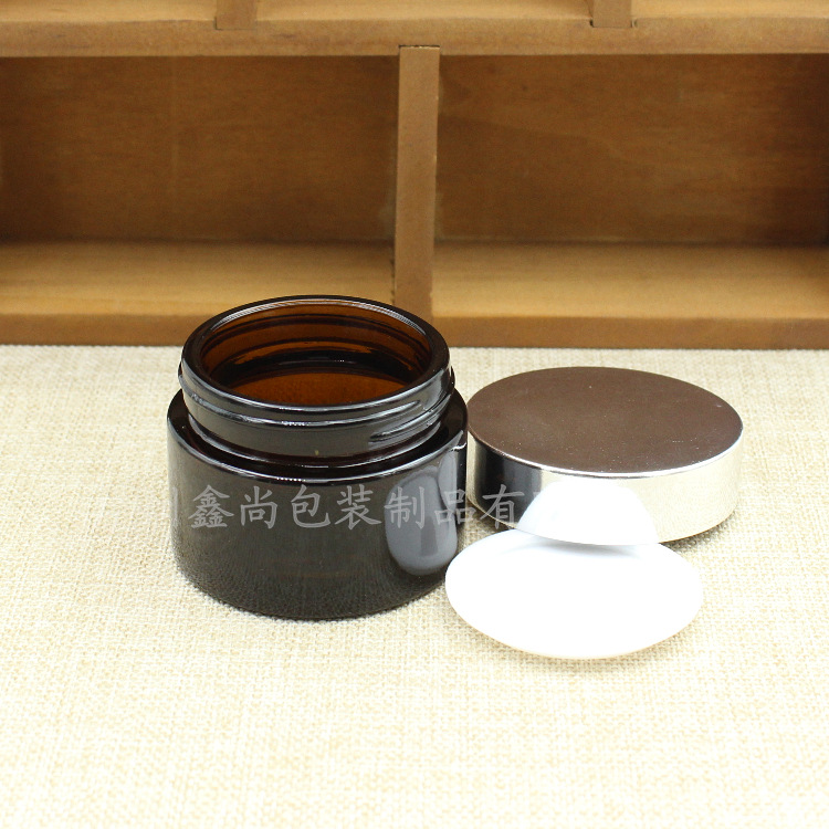 50g茶色光面面霜膏霜瓶药膏分装瓶亮银盖手拉垫化妆品包装玻璃瓶