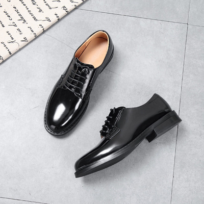 direct deal British style college genuine leather Single shoes Patent leather Frenum Round Middle heel leather shoes On behalf of