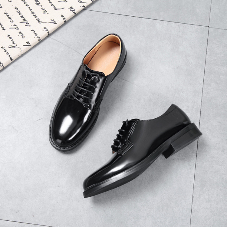 direct deal British style college genuine leather Single shoes Patent leather Frenum Round Middle heel leather shoes On behalf of